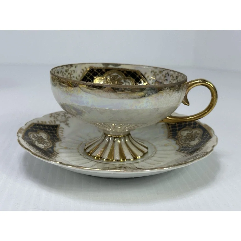 VTG Royal Sealy China Japan Footed Teacup & Saucer Lustreware Black Gold White 4